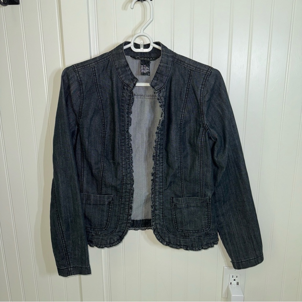 Vintage 90s Petite Small Charcoal Lightweight Jeans Jacket with Ruffles